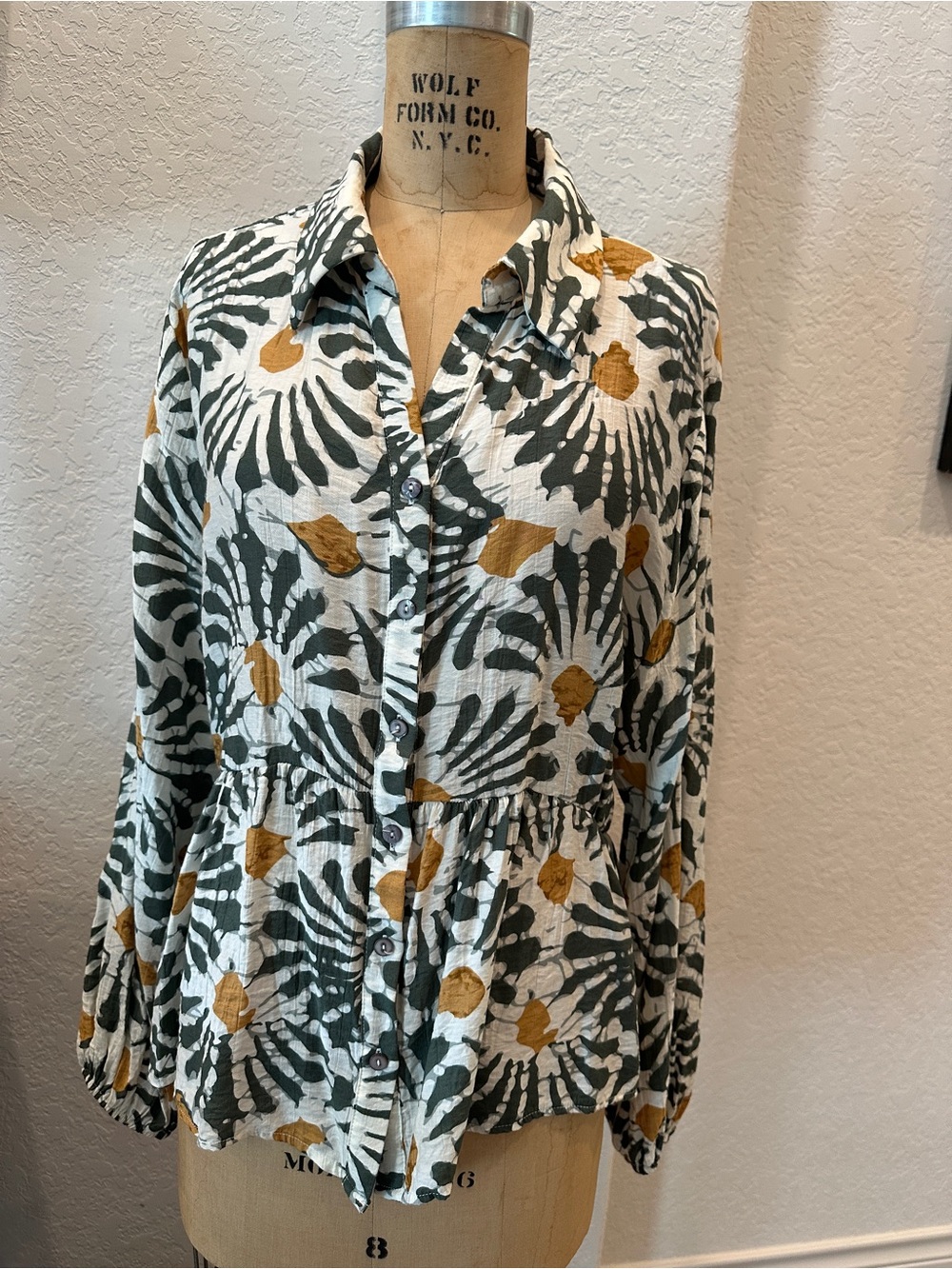 Button-Front Peplum Shirt - Green & Mustard Floral Print